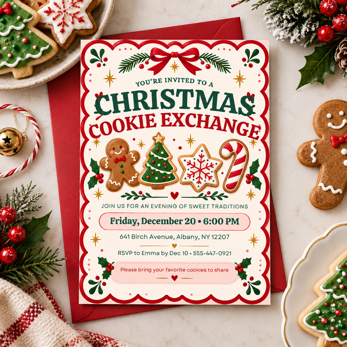 Red scalloped Christmas cookie exchange invitation on red paper with cookies