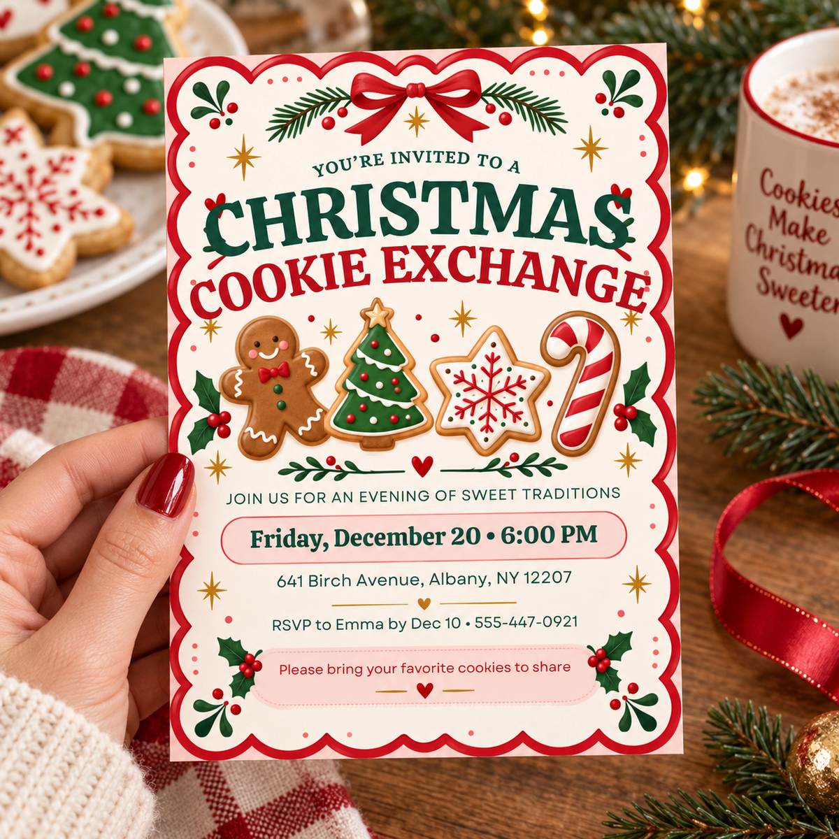 Christmas cookie exchange invitation held in a hand beside holiday decorations