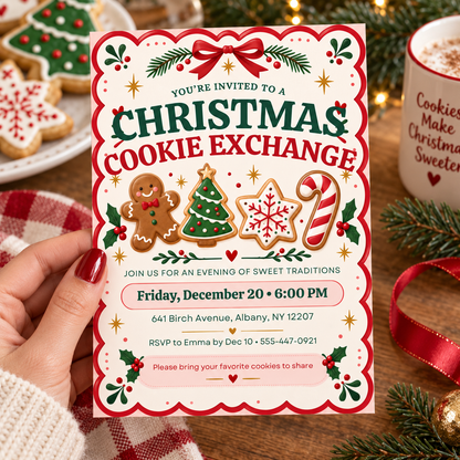 Christmas cookie exchange invitation held in a hand beside holiday decorations
