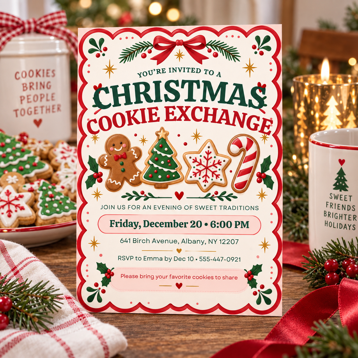 Cookie exchange invitation on a table with candy canes and festive mugs