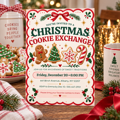 Cookie exchange invitation on a table with candy canes and festive mugs