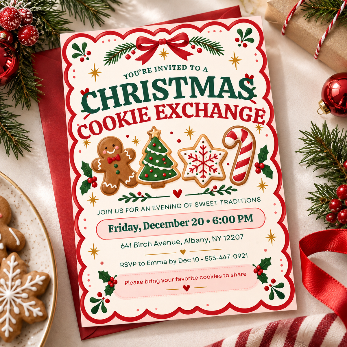 Christmas cookie exchange invitation lying on a red envelope with cookies
