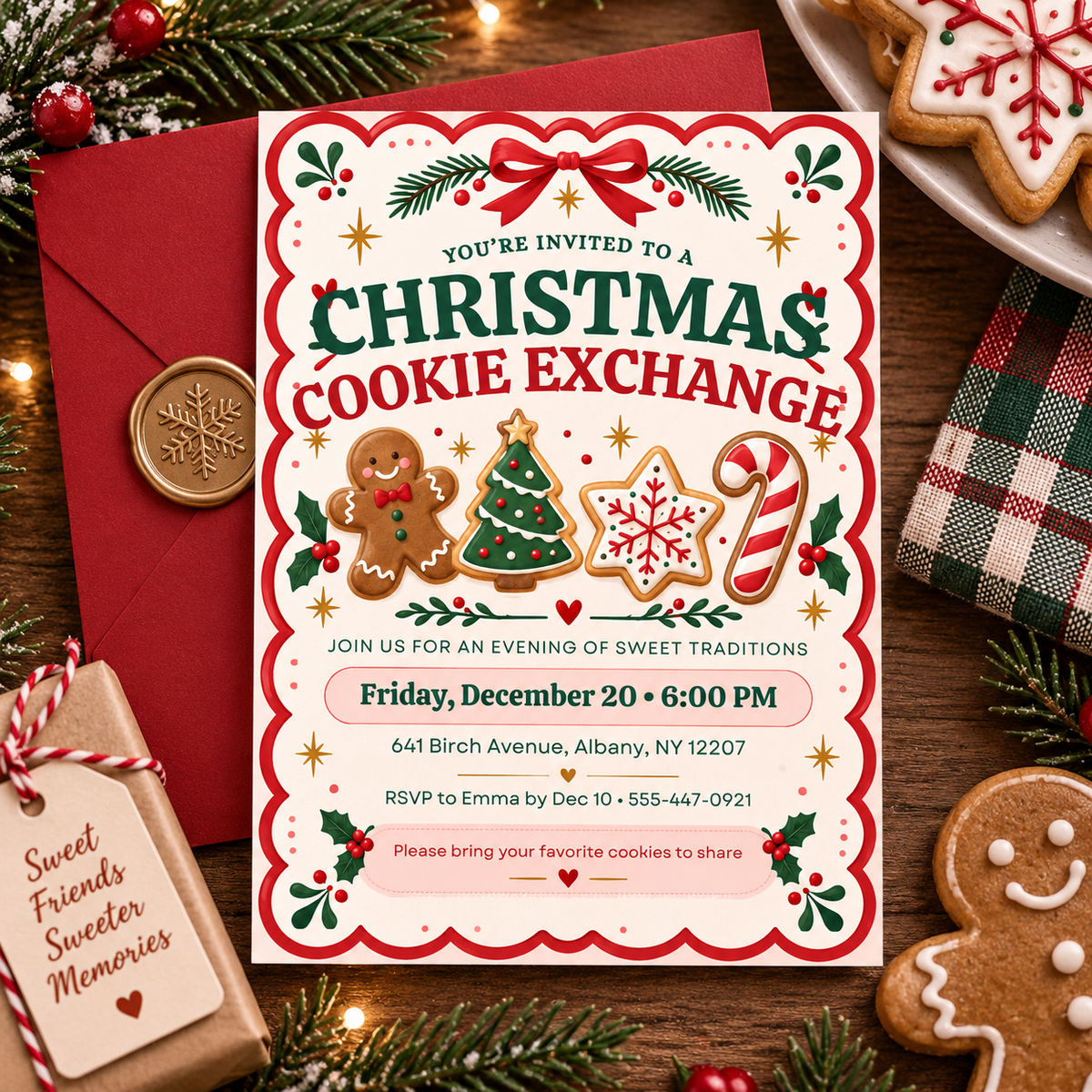 Red scalloped cookie exchange invitation with a red envelope and gift tag