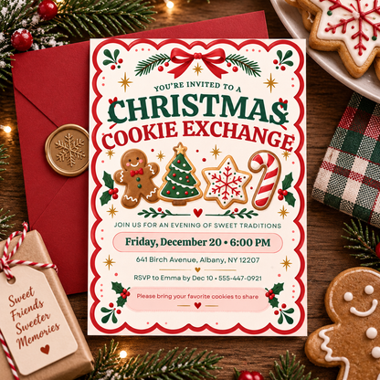 Red scalloped cookie exchange invitation with a red envelope and gift tag