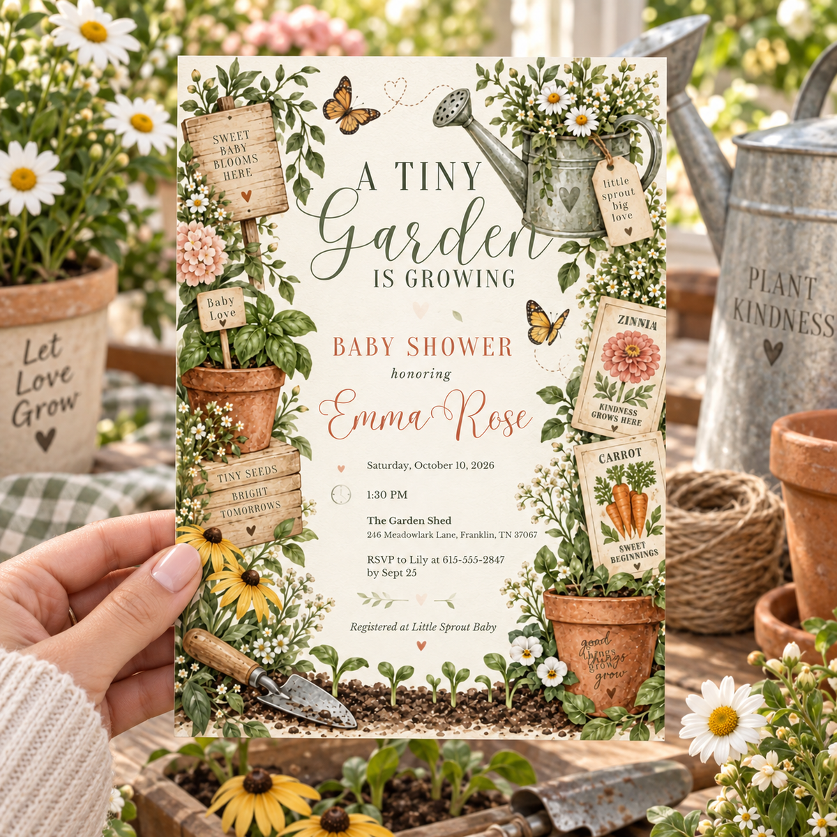 Garden baby shower invitation held in a hand beside flower pots and twine