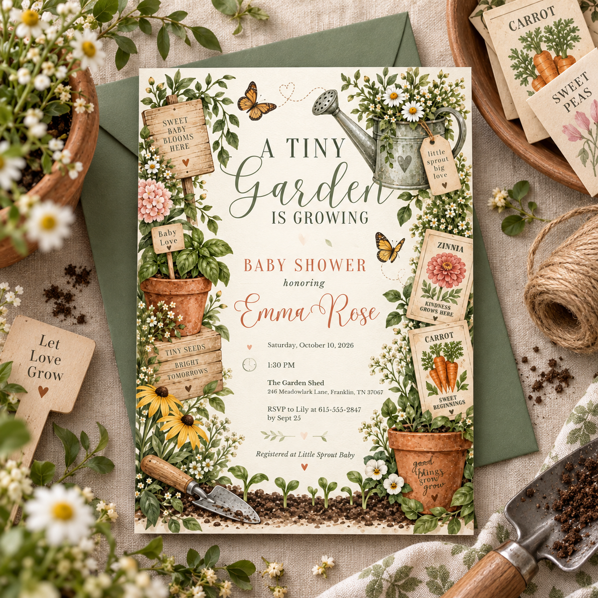 Tiny Garden baby shower invitation with a sage envelope and seed packets