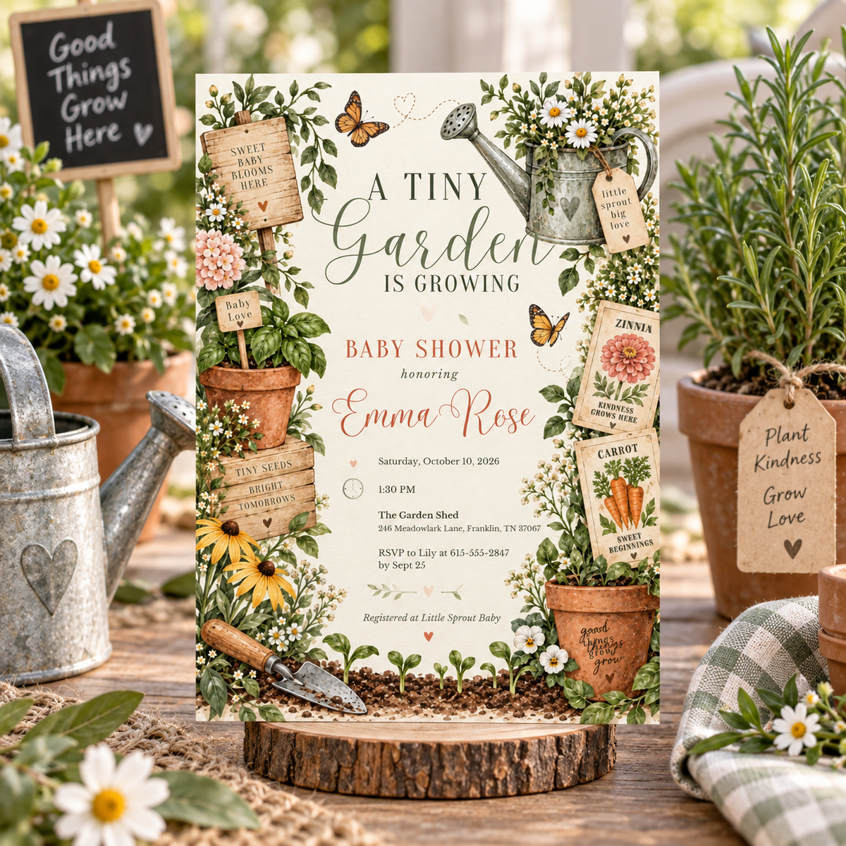 Garden baby shower invitation standing on a wood slice among potted herbs