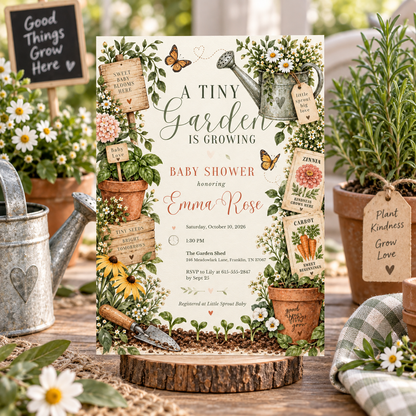 Garden baby shower invitation standing on a wood slice among potted herbs
