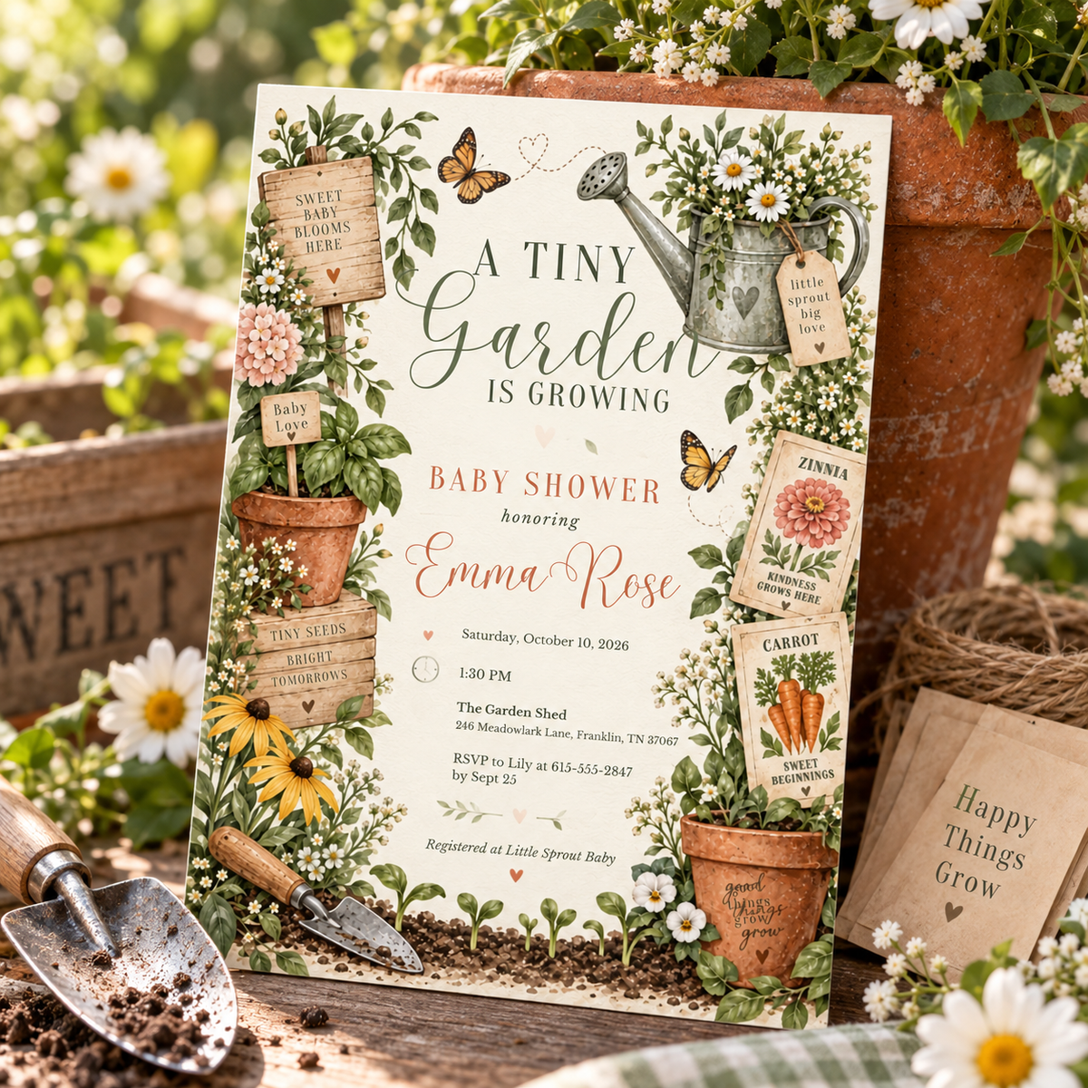 Seed packet baby shower invitation lying on a potting table with garden tools