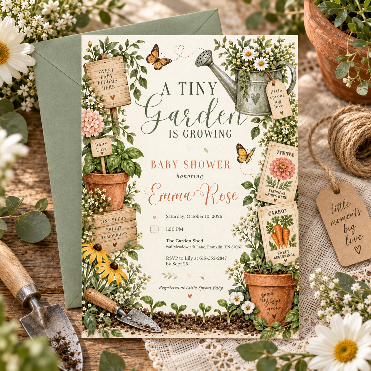 Garden baby shower invitation with a sage envelope, twine and terracotta pots