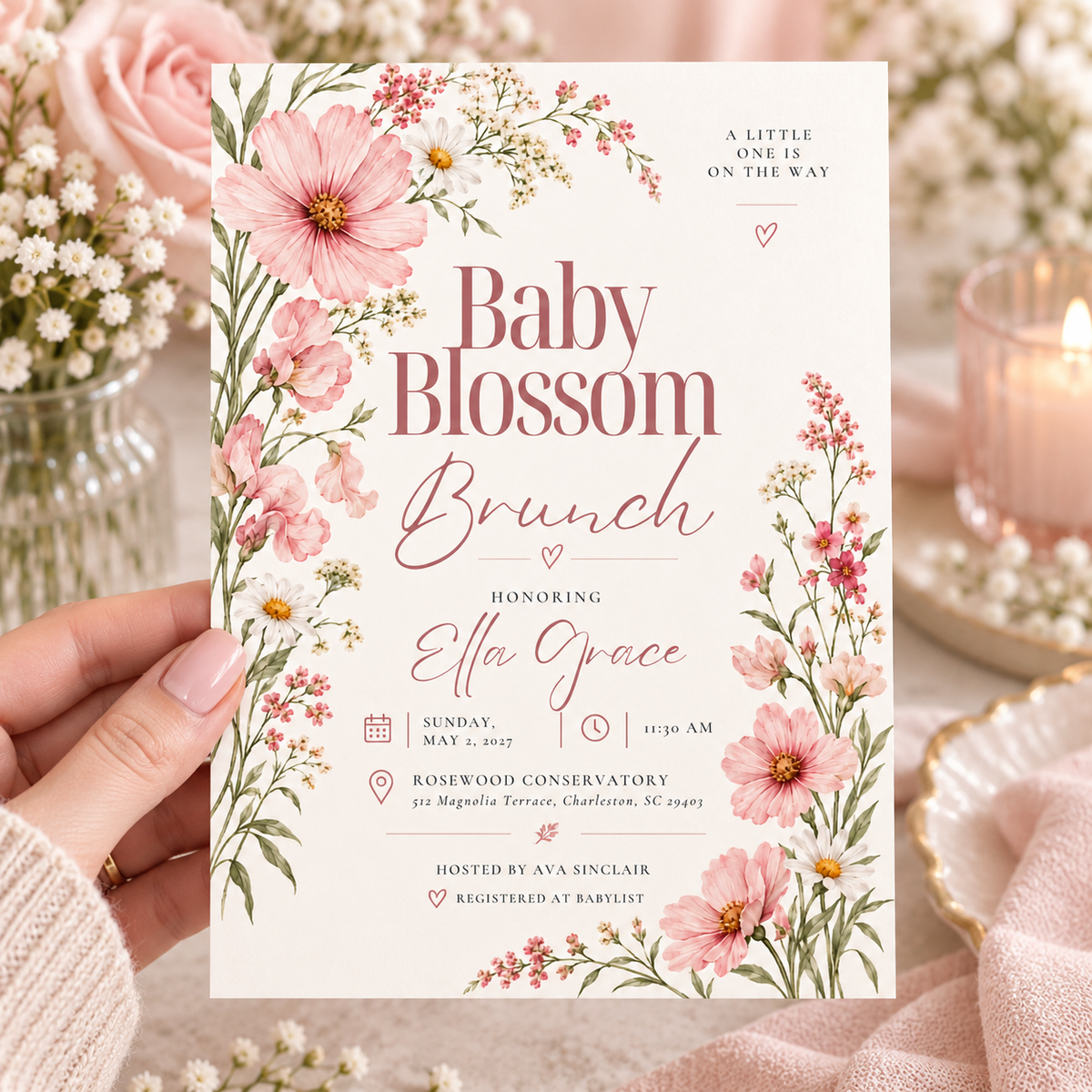 Pink wildflower baby shower brunch invitation held in a hand beside roses