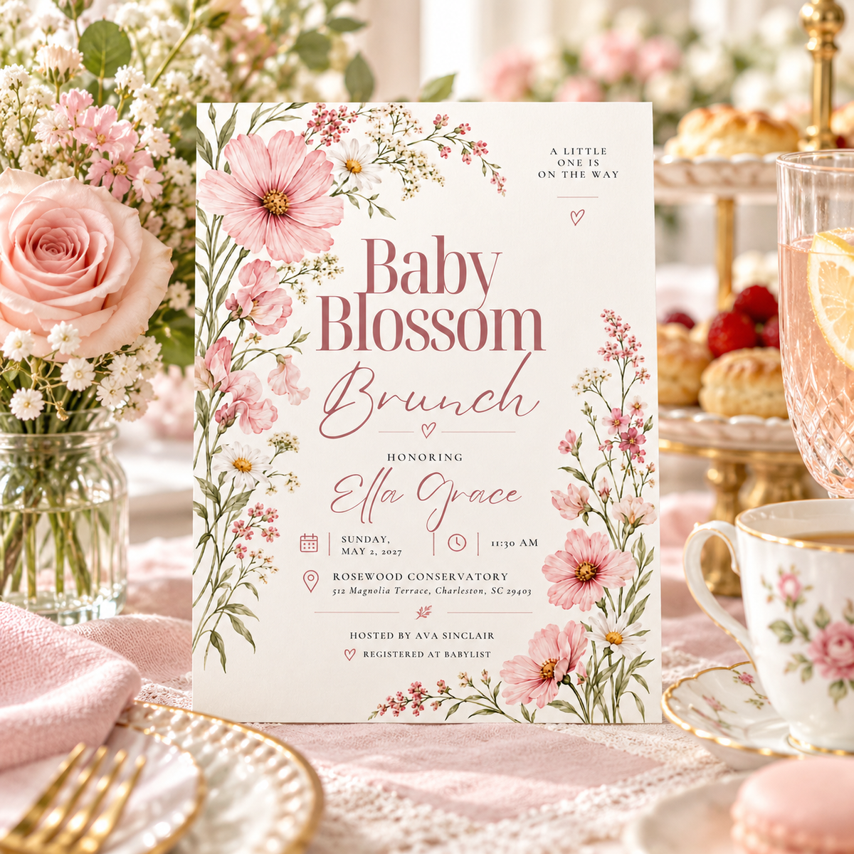 Pink floral baby shower invitation on a brunch table with pastries