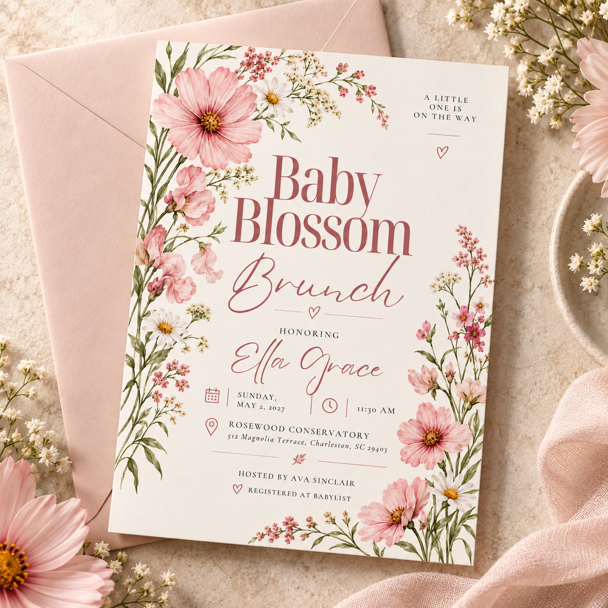 Baby Blossom Brunch invitation with a pink envelope and roses