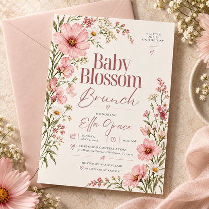 Baby Blossom Brunch invitation with a pink envelope and roses