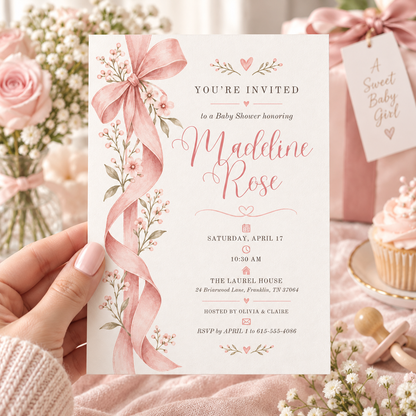 Pink bow baby shower invitation held in a hand beside pink roses
