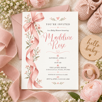Blush ribbon baby shower invitation on pink satin with baby shoes