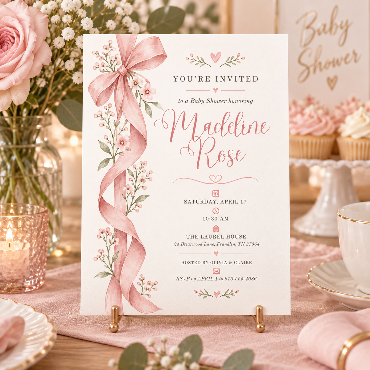 Pink bow baby shower invitation on an easel with cupcakes and flowers