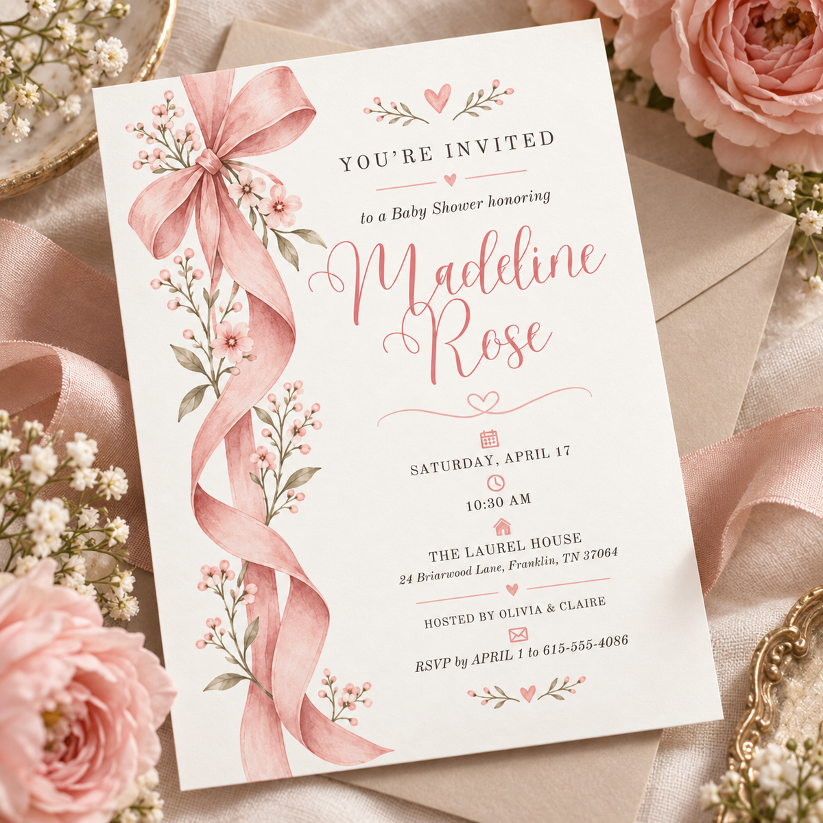 Blush bow baby shower invitation lying on fabric with baby's breath
