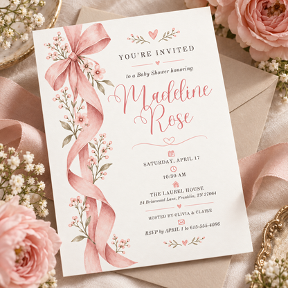 Blush bow baby shower invitation lying on fabric with baby's breath