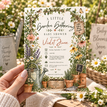 Garden gathering baby shower invitation held in a hand beside daisies