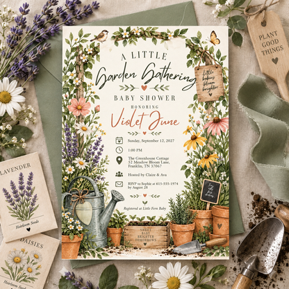 Cottage garden baby shower invitation with a sage envelope and lavender