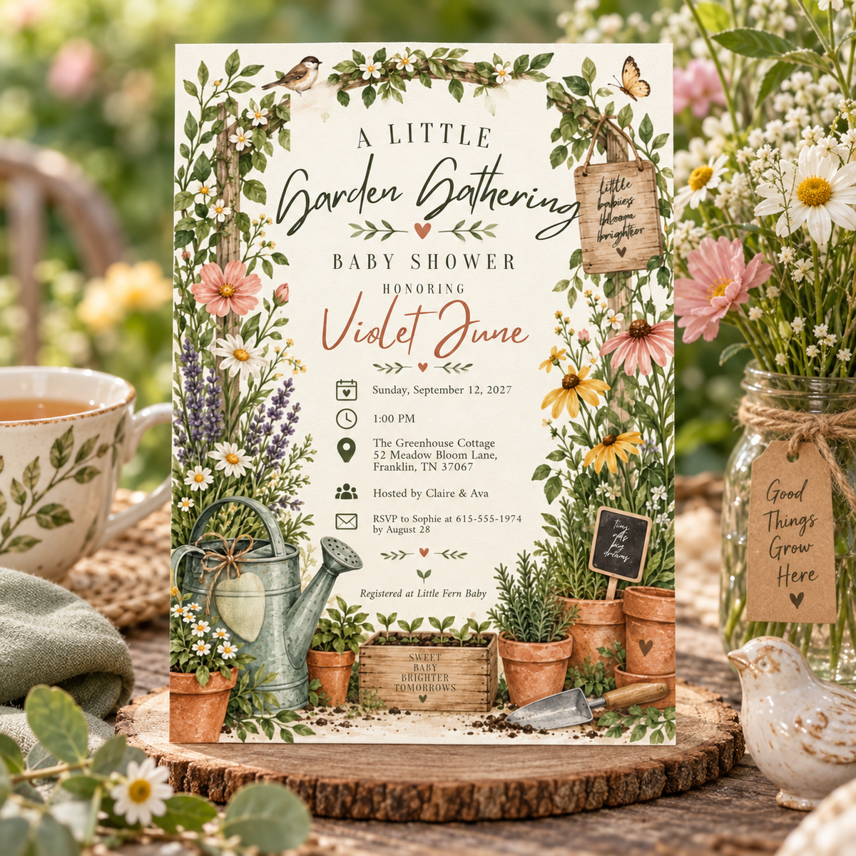 Garden baby shower invitation on a wood slice among potted plants