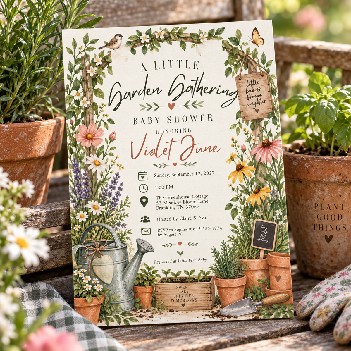 Wildflower baby shower invitation lying on a potting table with tools