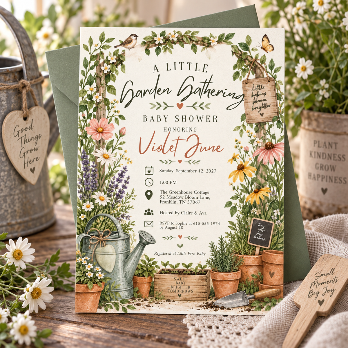 Lavender garden baby shower invitation with a sage envelope and flowers