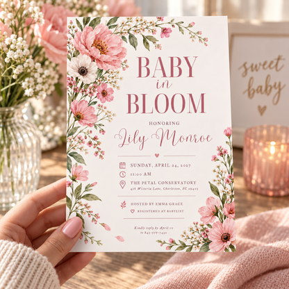 Baby in Bloom baby shower invitation held in a hand beside pink roses