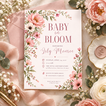 Pink peony baby shower invitation on pink satin with baby's breath