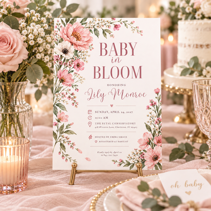 Baby in Bloom invitation on a gold easel among candles and flowers