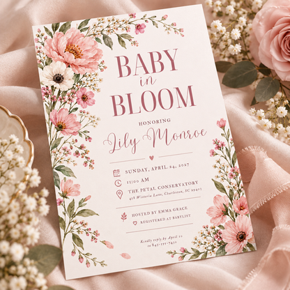 Pink floral baby shower invitation lying on fabric with roses