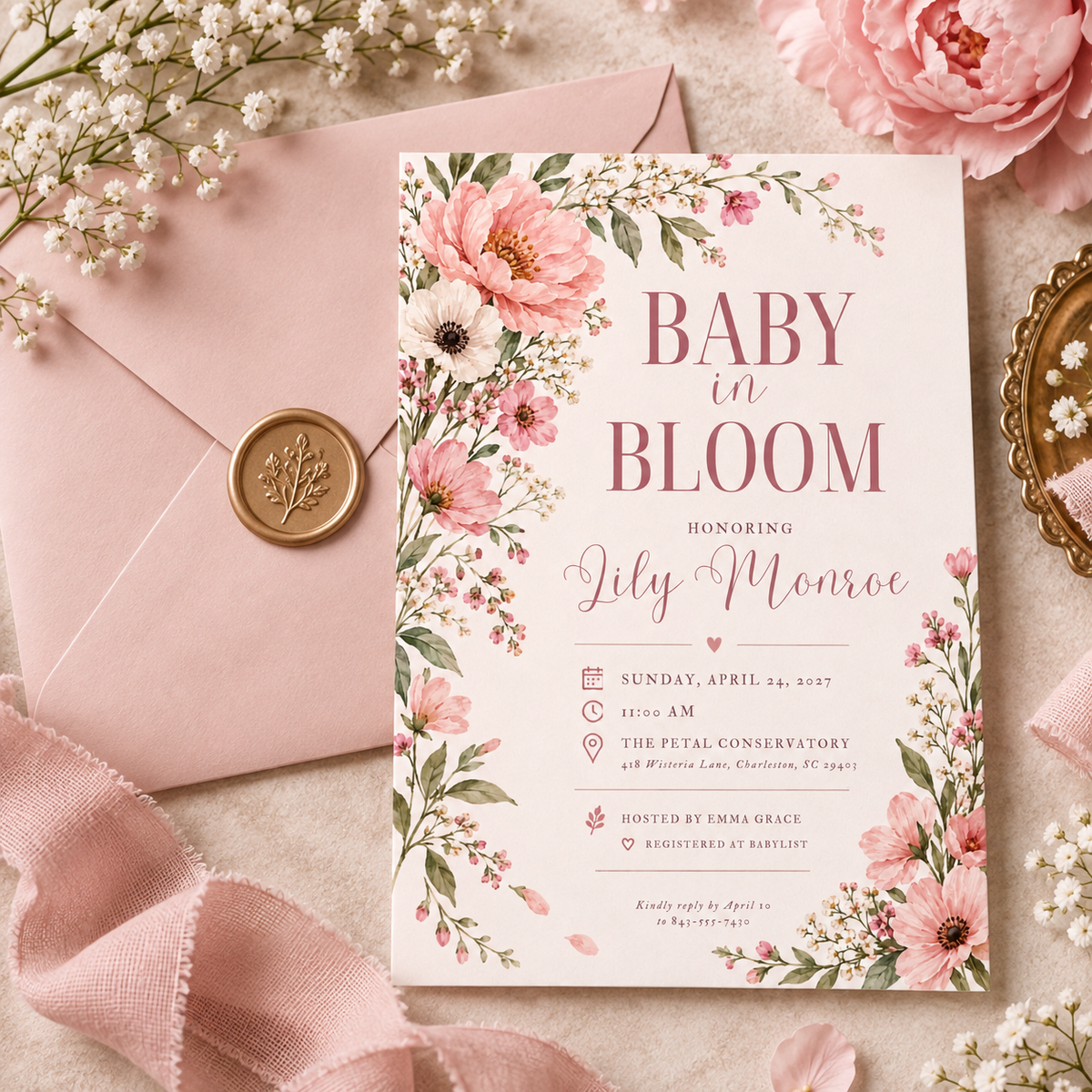 Baby in Bloom baby shower invitation with a pink envelope and wax seal