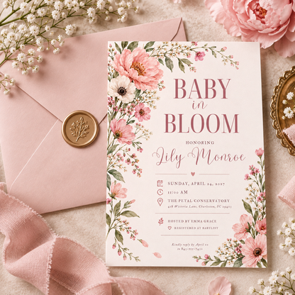 Baby in Bloom baby shower invitation with a pink envelope and wax seal