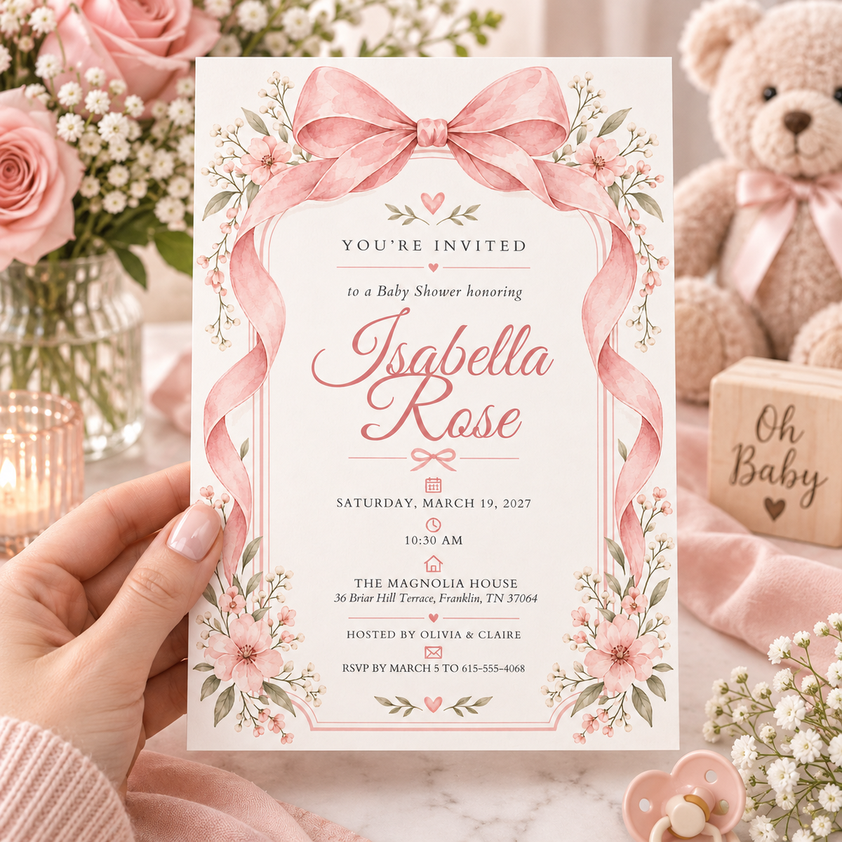 Pink bow frame baby shower invitation held in a hand beside roses