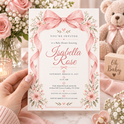 Pink bow frame baby shower invitation held in a hand beside roses
