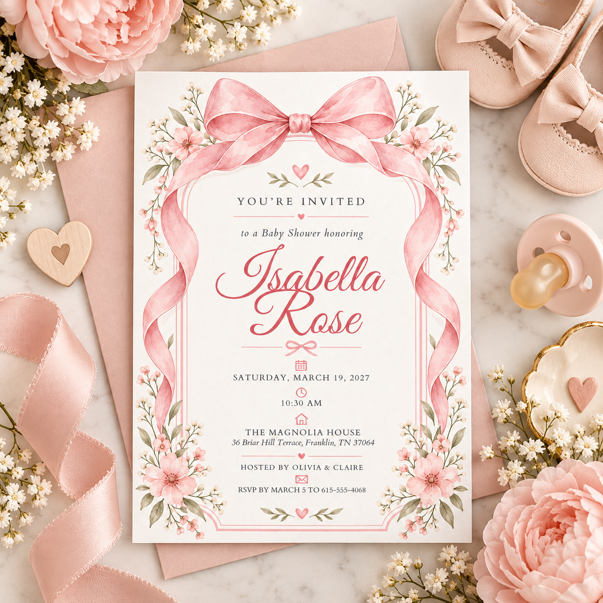 Blush ribbon baby shower invitation on pink fabric with baby shoes
