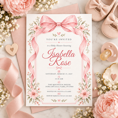 Blush ribbon baby shower invitation on pink fabric with baby shoes