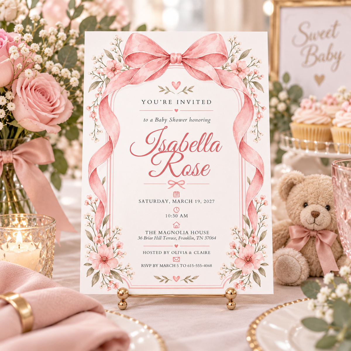 Pink bow baby shower invitation on an easel with a teddy bear