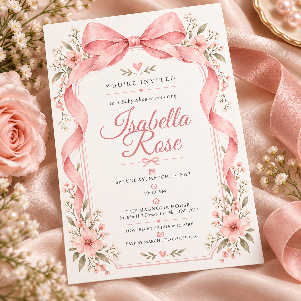 Pink ribbon baby shower invitation lying on satin with roses