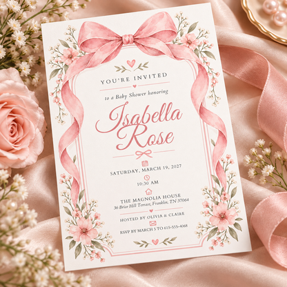 Pink ribbon baby shower invitation lying on satin with roses