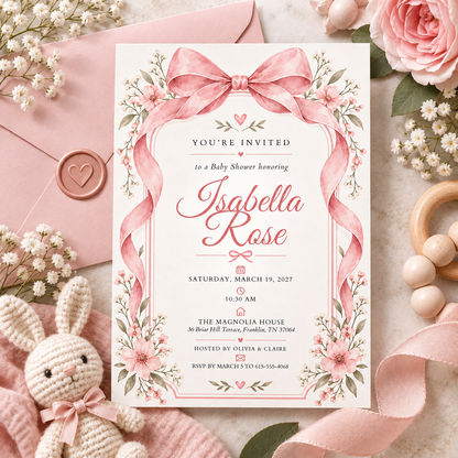 Pink bow baby shower invitation with a pink envelope and plush bunny