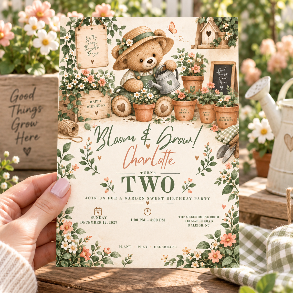 Hand holding a teddy bear garden party birthday invitation in a sunny flower garden