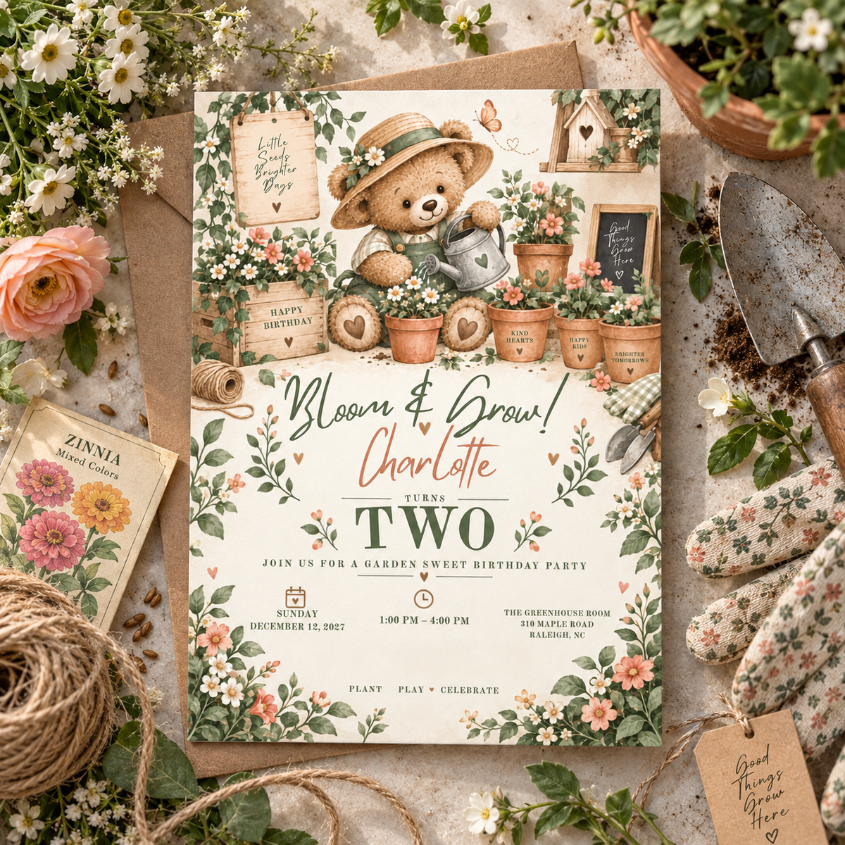 Bloom and grow birthday invitation on a table with gardening gloves, twine and a seed packet