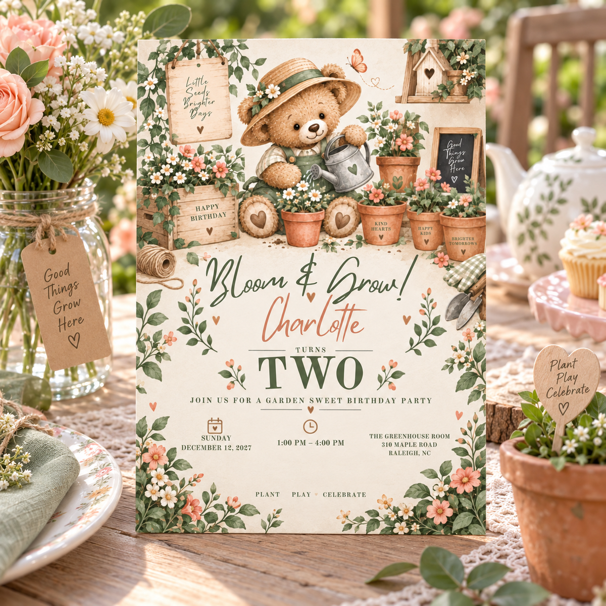 Garden party teddy bear invitation on a table set with flowers, a teapot and cupcakes