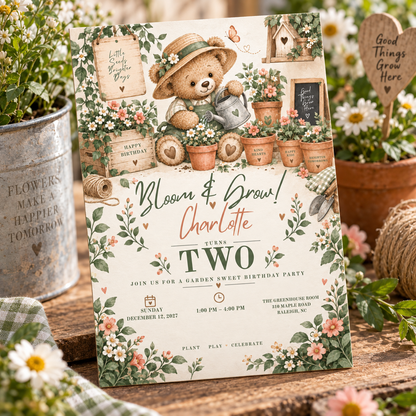 Teddy bear gardening birthday invitation standing on a rustic table among daisies