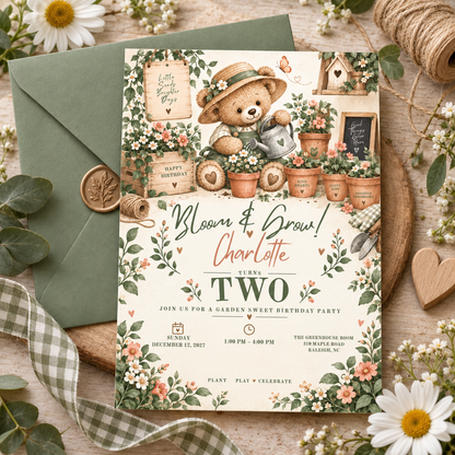 Garden teddy bear birthday invitation with a sage envelope, wax seal and daisies