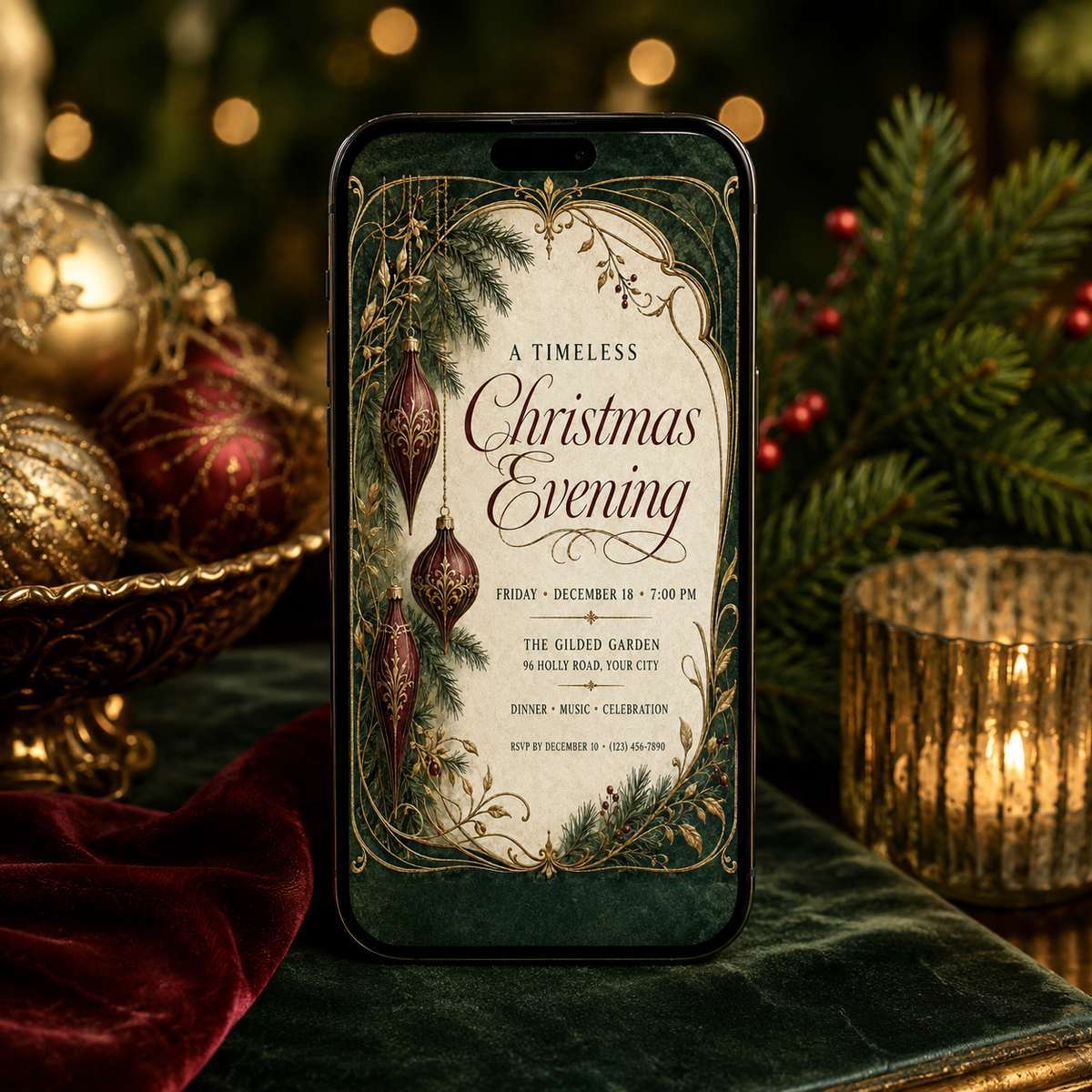 Timeless Christmas Evening invitation shown on a phone
