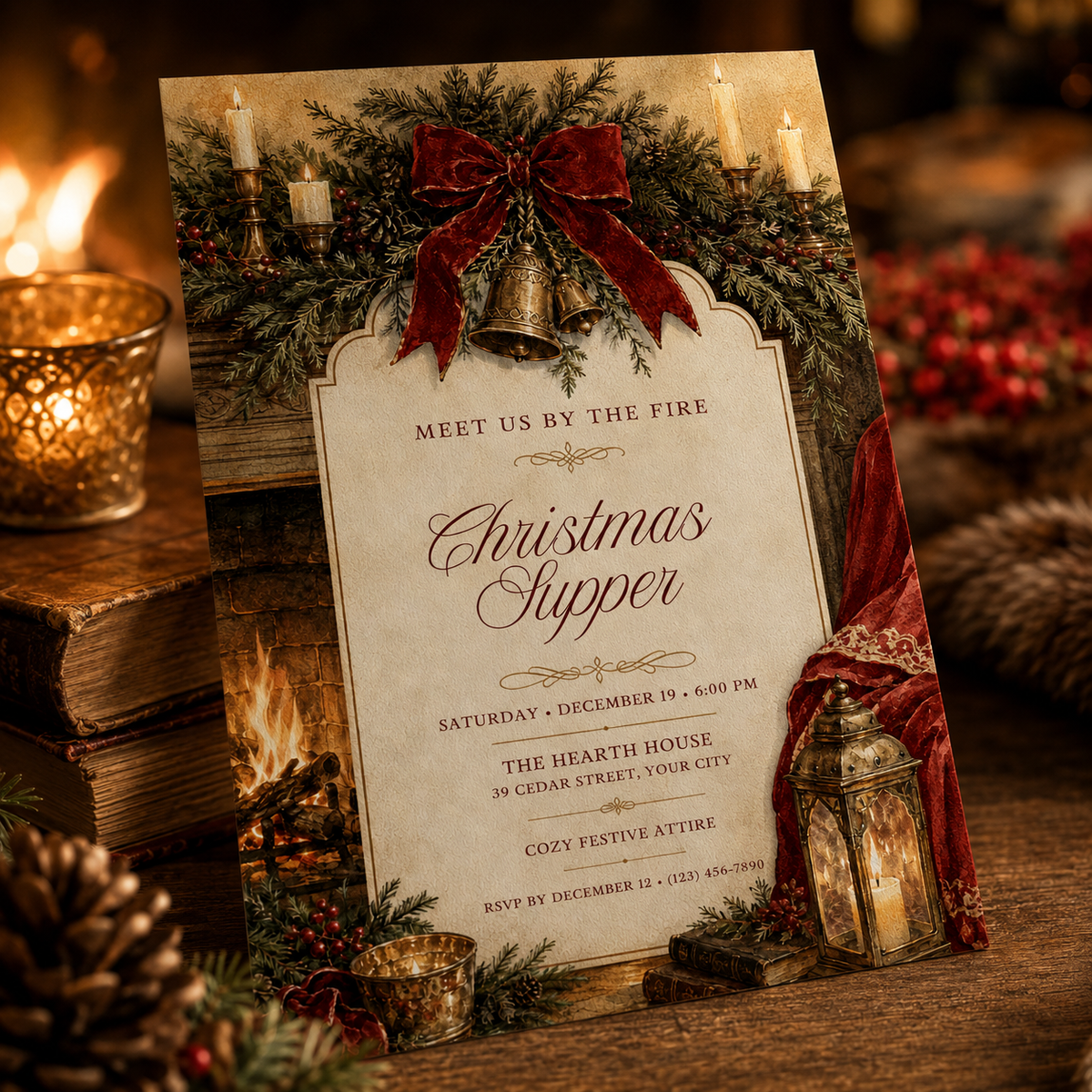 Christmas Supper invitation on a table with pinecones and ornaments