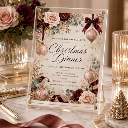 Christmas dinner invitation in a clear acrylic stand beside roses